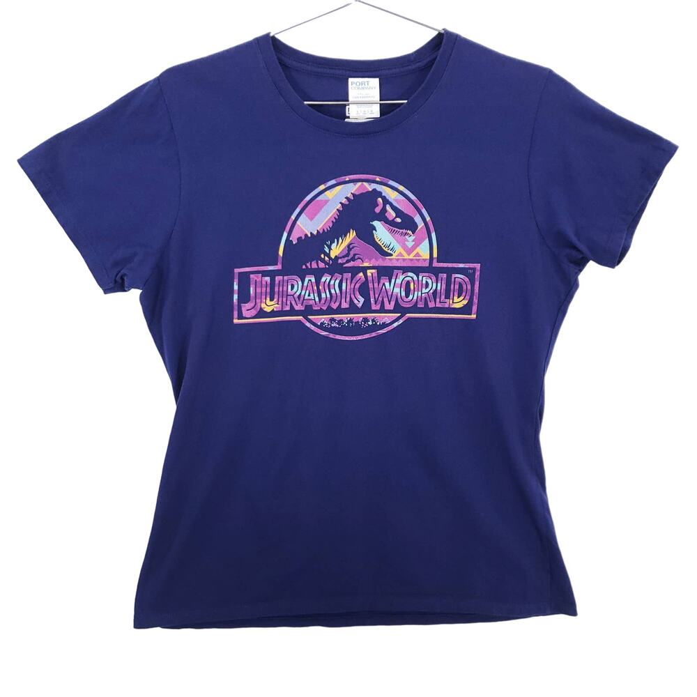 Jurassic World T Shirt Womens Large Blue Multicolor Aztec T Rex Logo Pullover